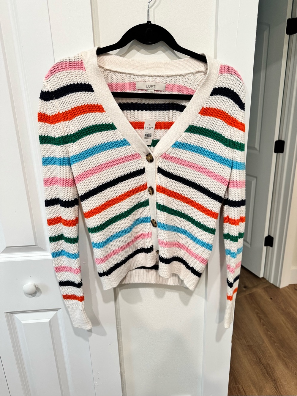 LOFT Cream Multi-Color Striped V-Neck Cardigan